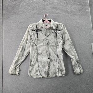Roar Men Button Up Shirt L Gray Embroidered Tribal Cross Western Grunge Y2K